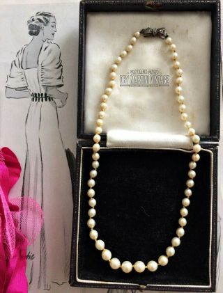 Vintage Art Deco Simulated Pearl Necklace Hand Knotted Sterling Marcasite Clasp