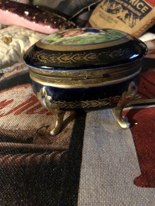 Adorable Vintage German Porcelain Cobalt Blue,  Gold Trim Jewelry Box