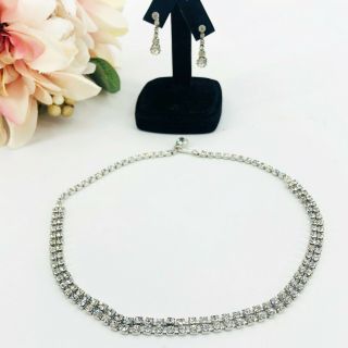 Vintage Rhinestone Necklace & Pierced Earrings Set Formal Wedding Prom Jewelry