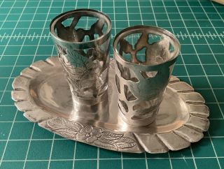 Set Of 2 Vintage Mexican Silver Shot Glasses With Tray