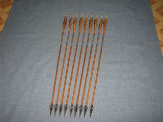 9 Vintage Wood Arrows With 2 Blade Hilbre Broadhead Longbow Recurve Bow Archery