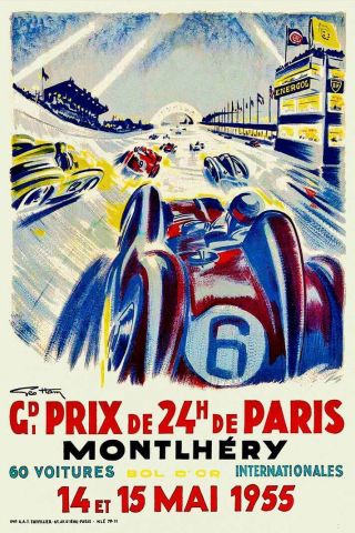 Vintage French Motor Racing Poster Paris 24hr Grand Prix Montlhéry 1955 Retro