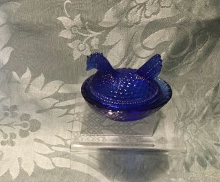 Vintage Miniature Blue Glass Hen On A Nest.