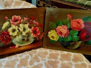 Boho Shabby Cottage Antique Vintage Floral Oil Painting On Wood 8x10 Pair