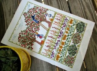 Garden Vintage Floral & Trees Colorful Finished Completed Cross Stitch Sampler