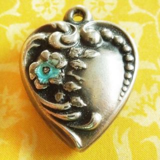 Vintage 1940s Forget Me Not Enamel Swirl Puffy Heart Sterling Silver Charm Hilda