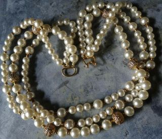 Vintage Triple Strand Cream Faux Pearl Gold Tone Bead Necklace - J3