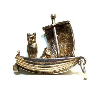 Vintage 925 Sterling Silver Owl And The Pussy Cat On Boat Bracelet Charm,