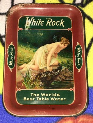 Antique White Rock Table Water Tin Litho Tip Tray Lady On Rock