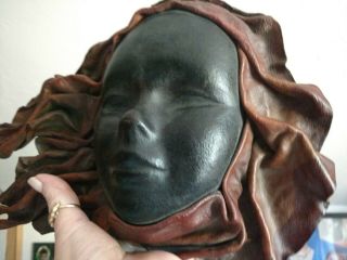 Vintage Hand Crafted Black Brown Leather Mask Folk Art - Wall Decor - Girls Face 3