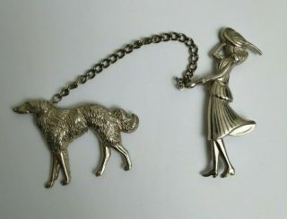 Vintage Coro Art Deco Lady Flapper With Dog Brooch Pin Antique Jewelry 1930s