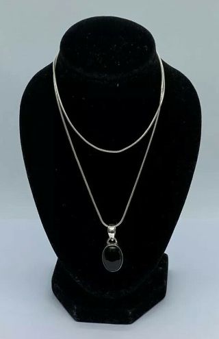 Ladies Vintage 925 Silver Necklace With Black Stone Pendant