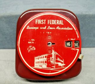 Vintage First Federal Savings Bank Of Elmira Add - A - Coin Red Tin Bank