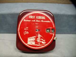 Vintage First Federal Savings Bank of Elmira Add - A - Coin Red Tin Bank 2