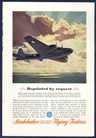 1943 Studebaker Advertisement,  Boeing Flying Fortress In Flight,  Wwii