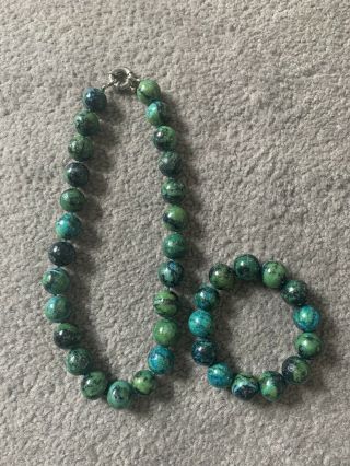Vintage Style Gemstone Chunky Necklace And Bracelet Set Green Blue Turquoise