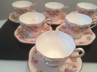 6 VINTAGE FOLEY PORCELAIN FLORAL DECORATED CUPS AND SAUCERS 2