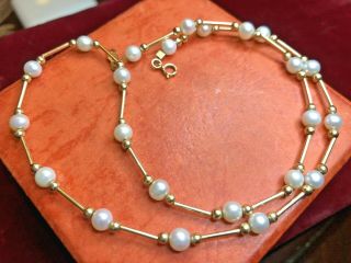 Vintage Estate 14k Gold Fresh Water Pearl Necklace Station Made In Mexico