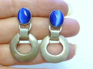 Vintage Door Knocker Blue Cats Eye Glass Sterling Silver Tc - 228 Mexico Earrings