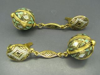 Toledo Spain Vintage Gold Damascene Clip - On Earrings Aqua Enamel Ball Dangle