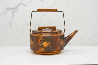 Mid - Century,  Vintage Copper,  Wood Handle Teapot Tea Pot Kettle - Sun Rays Burst