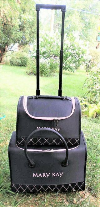 Set Of 2 Mary Kay Consultant Bags Pink Black Rolling Tote & Travel Case Vintage