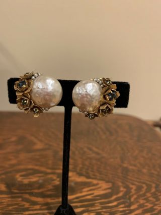 Vintage Miriam Haskell Pearl And Gold Clip Earrings With Blue Stones