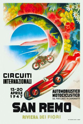 Vintage Italian Motor Racing Poster San Remo Ospedaletti 1940s Wall Art Riviera