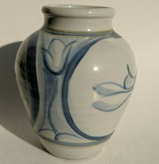 Rabbit Tulip Vase Blue White Stoneware Art Pottery Signed Handpainted 6 1/4 In