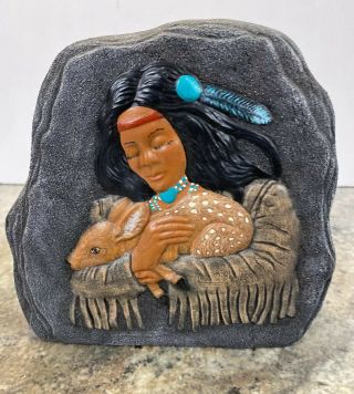 Vtg Native American Indian Maiden Girl Fawn Deer Ceramic Statue Hand Painted