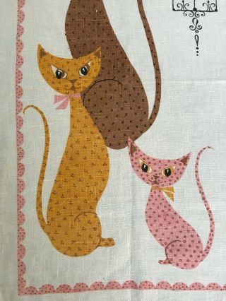 Vintage 60 ' s Mid Century Modern Linen Dish Tea Towel 3 Cats & Bird 2