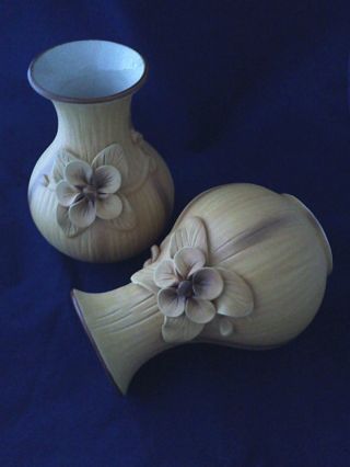 Vintage Bisque Vases With Applied Flowers Pair