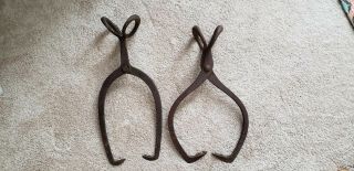 2 Vintage Antique Iron Ice Block Tongs / Logging Hooks / Hay Tools