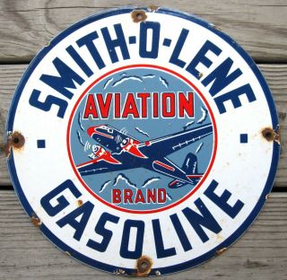 Smith - O - Lene Gasoline Vintage Porcelain Enamel Gas Pump Oil Aviation Fuel Sign