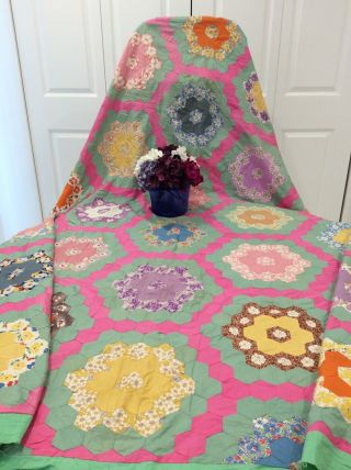 Vintage Grandmother Flower Garden Quilt Top 66 X 82 With Fussy Cut Flowers