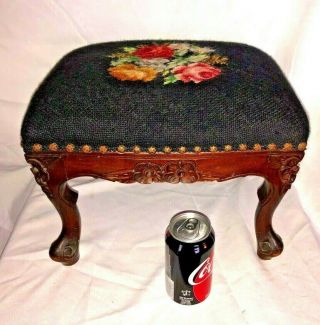 Vintage Needlepoint Carved Queen Anne Small Footstool Stool Black Roses