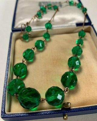 Vintage Jewellery Art Deco Green Crystal Gold Plated Necklace