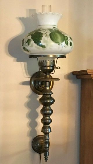 Vintage Brass Wall Lamp / Sconce / With Hand Painted Hurricane Glass Shade 30 " L