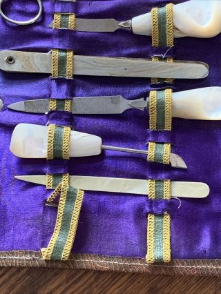 1900 ' S Antique Travel Manicure Set in fold up Leather Case mother of pearl 2