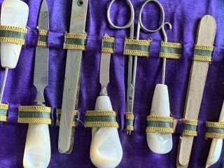1900 ' S Antique Travel Manicure Set in fold up Leather Case mother of pearl 3