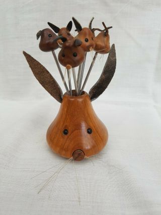 Vintage Wooden Kitsch 1950s 1960s Mouse Rabbit Pickle Cheese Olive Forks