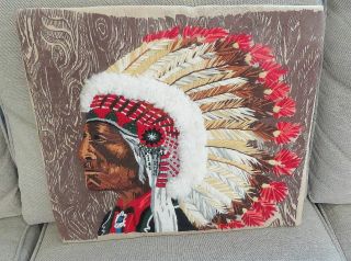 Colorful Vintag 1975 Erica Wilson Crewel Embroidery Indian Chief 7677 Finished
