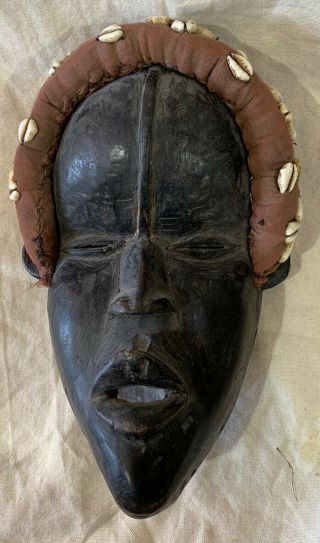 Antique African ART Wood Carved MASK With cowrie Beads 10 X 6 X 4 “ 2