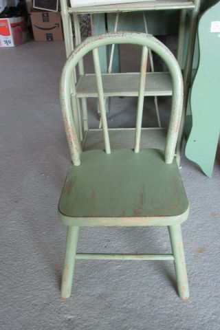 Antique Primitive Child’s Doll’s Windsor Chair Hoop Back In Sage Green Paint
