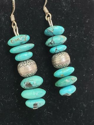 Vtg Native American Sterling Silver Turquoise Bench Bead Dangle Earrings