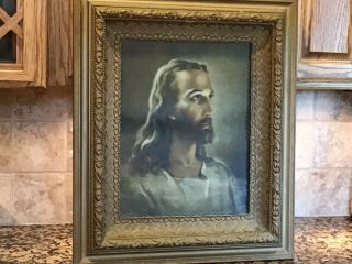 Vtg Antique Wood Framed Jesus Head Of House Picture Religious Wall Home Decor