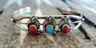 Vintage Native American Navajo Turquoise And Coral Sterling Silver Cuff Bracelet