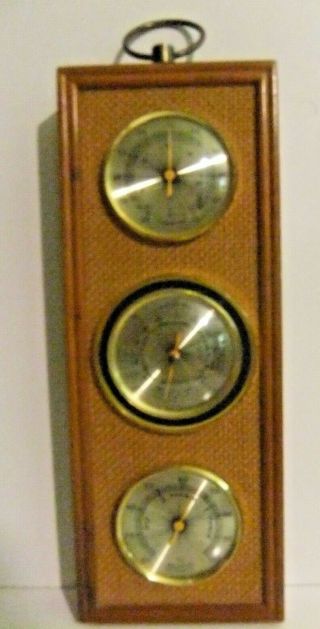 Vintage Mid Century Modern Wall Thermometer Barometer Weather Station Wood Brass