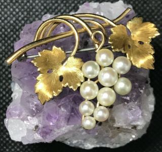 Vintage Antique Art Deco 14k Gold F Krementz Pearl Grape Leaf Cluster Pin Brooch