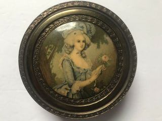 Vintage Antique Trinket Powder Box W Mirror W/ French Woman On The Glass Insert